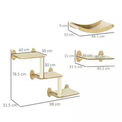 PawHut 3PCs Wall-Mounted Cat Shelves, with Jumping Platforms, Hammock, Scratching Post - Oak Tone - 3