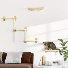 PawHut 3PCs Wall-Mounted Cat Shelves, with Jumping Platforms, Hammock, Scratching Post - Oak Tone - 2