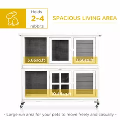 PawHut Wooden Rabbit Hutch, Two-Tier Guinea Pig Cage, with Removable Tray, Wheels - 4