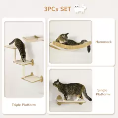 PawHut 3PCs Wall-Mounted Cat Shelves, with Jumping Platforms, Hammock, Scratching Post - Oak Tone - 5