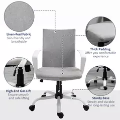 Vinsetto Office Chair Linen Swivel Computer Desk Chair Home Study Task Chair with Wheels, Arm, Adjustable Height, Light Grey - 7