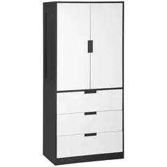 HOMCOM 2 Door Wardrobe, Modern Wardrobe with 3 Drawers and Hanging Rod for Bedroom, Black - 1