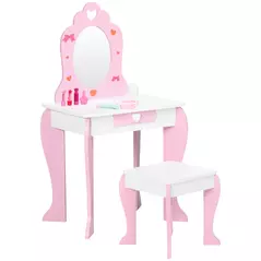 ZONEKIZ Kids Dressing table Set w/ Mirror, Stool, Drawer, Cute Patterns, for Ages 3-6 Years - Pink - 1