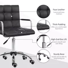 Vinsetto Makeup Vanity Chair, PU Leather Mid Back Office Chair with Adjustable Height, Armrest and Rolling Wheels, Black - 6