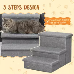 PawHut 3 Steps Pet Stairs, with Storage Boxes, for Bed, Couches - Grey - 6