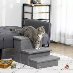 PawHut 3 Steps Pet Stairs, with Storage Boxes, for Bed, Couches - Grey - 2