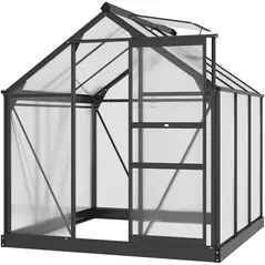 Outsunny 6 x 6ft Polycarbonate Greenhouse, Large Walk-In Green House with Slide Door and Window, Garden Plants Grow House with Aluminium Frame and Foundation, Grey - 1