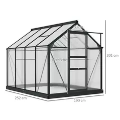 Outsunny 6 x 8ft Polycarbonate Greenhouse, Large Walk-In Green House with Slide Door and Window, Garden Plants Grow House with Aluminium Frame and Foundation, Grey - 3