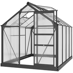 Outsunny 6 x 8ft Polycarbonate Greenhouse, Large Walk-In Green House with Slide Door and Window, Garden Plants Grow House with Aluminium Frame and Foundation, Grey - 1