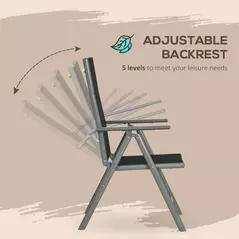 Outsunny 7 Piece Garden Dining Set, Outdoor Table and 6  Folding and Reclining Chairs, Aluminium Frame, Tempered Glass Top Table, Texteline Seats, Black - 6