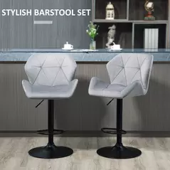 HOMCOM Bar Stools Set Of 2, Luxurious Velvet-Touch Barstools with Metal Frame Footrest Round Base Triangle Indenting Moulded Seat Adjustable Height Swivel Grey - 4