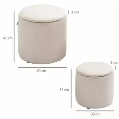 HOMCOM Set of 2 Round Ottoman with Storage, Fabric Vanity Stool for Makeup, Footrest Stool with Removable Lid for Living Room & Bedroom, Cream White - 3