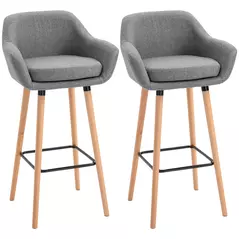 HOMCOM Set of 2 Bar Stools Modern Upholstered Seat Bar Chairs w/ Metal Frame, Solid Wood Legs Living Room Dining Room Fabric Furniture - Grey - 1