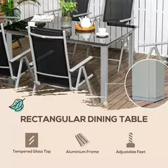 Outsunny 7 Piece Garden Dining Set, Outdoor Table and 6  Folding and Reclining Chairs, Aluminium Frame, Tempered Glass Top Table, Texteline Seats, Black - 8
