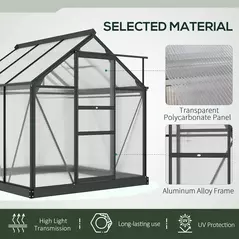 Outsunny 6 x 6ft Polycarbonate Greenhouse, Large Walk-In Green House with Slide Door and Window, Garden Plants Grow House with Aluminium Frame and Foundation, Grey - 5