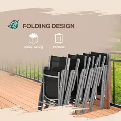 Outsunny 7 Piece Garden Dining Set, Outdoor Table and 6  Folding and Reclining Chairs, Aluminium Frame, Tempered Glass Top Table, Texteline Seats, Black - 5