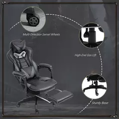 Vinsetto Computer Gaming Chair, Racing Desk Chair with Lumbar Support and Footrest, PU Leather Gamer Chair with Headrest and Swivel Wheels for Home, Grey - 8