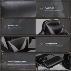 Vinsetto Computer Gaming Chair, Racing Desk Chair with Lumbar Support and Footrest, PU Leather Gamer Chair with Headrest and Swivel Wheels for Home, Grey - 7