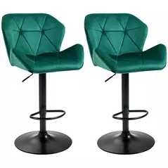 HOMCOM Bar Stools Set Of 2, Velvet-Touch Barstools with Metal Frame Footrest and Adjustable Height, Green - 1