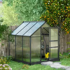 Outsunny 6 x 6ft Polycarbonate Greenhouse, Large Walk-In Green House with Slide Door and Window, Garden Plants Grow House with Aluminium Frame and Foundation, Grey - 2