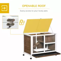 PawHut Wooden Rabbit Hutch, Bunny Cage w/ Tray, Ramp, Openable Roof, Wheels, 91.5 x 53.3 x 73cm - Brown - 5