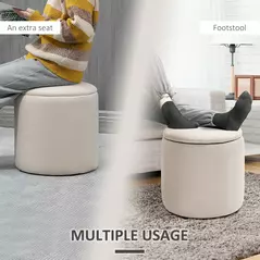 HOMCOM Set of 2 Round Ottoman with Storage, Fabric Vanity Stool for Makeup, Footrest Stool with Removable Lid for Living Room & Bedroom, Cream White - 7