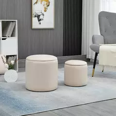 HOMCOM Set of 2 Round Ottoman with Storage, Fabric Vanity Stool for Makeup, Footrest Stool with Removable Lid for Living Room & Bedroom, Cream White - 2