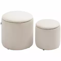 HOMCOM Set of 2 Round Ottoman with Storage, Fabric Vanity Stool for Makeup, Footrest Stool with Removable Lid for Living Room & Bedroom, Cream White - 1
