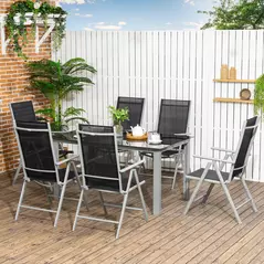 Outsunny 7 Piece Garden Dining Set, Outdoor Table and 6  Folding and Reclining Chairs, Aluminium Frame, Tempered Glass Top Table, Texteline Seats, Black - 2
