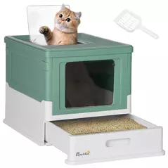 PawHut Hooded Cat Litter Box, Portable Pet Toilet, with Scoop, Front Entry - Green - 1