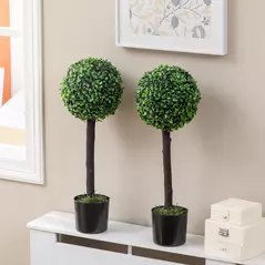 HOMCOM Set of 2 Artificial Plants Boxwood Ball Trees in Pot Fake Plants for Home Indoor Outdoor Decor, 20x20x60cm, Green - 2