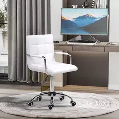 Vinsetto Makeup Vanity Chair, PU Leather Mid Back Office Chair with Adjustable Height, Armrest and Rolling Wheels, White - 2