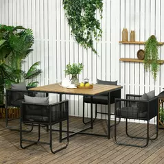Outsunny 4 Seater Rattan Cube Garden Furniture Set, Rattan Dining Set with Cushions, Outdoor Dining Table and Chairs with Rectangular Wood Grain Plastic Top Table for Patio, Balcony, Black - 2