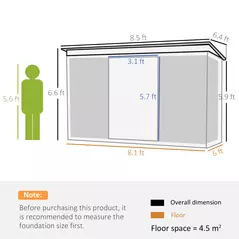 Outsunny Garden Metal Storage Shed House Hut Gardening Tool Storage w/ Tilted Roof and Ventilation 8.5 x 6ft, Grey - 3
