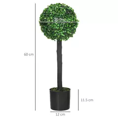HOMCOM Set of 2 Artificial Plants Boxwood Ball Trees in Pot Fake Plants for Home Indoor Outdoor Decor, 20x20x60cm, Green - 3