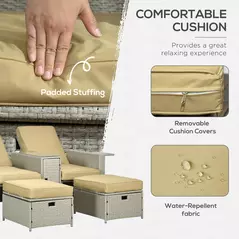 Outsunny 5PC PE Rattan Sun Lounger, Outdoor Wicker 5-level Adjustable Recliner Sofa Bed with Storage Side Table and Footstools, for Patio, Garden, Poolside, Beige - 5