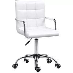 Vinsetto Makeup Vanity Chair, PU Leather Mid Back Office Chair with Adjustable Height, Armrest and Rolling Wheels, White - 1