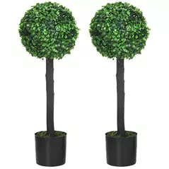 HOMCOM Set of 2 Artificial Plants Boxwood Ball Trees in Pot Fake Plants for Home Indoor Outdoor Decor, 20x20x60cm, Green - 1