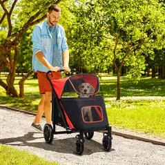 PawHut Foldable Pet Stroller, with Universal Wheels, Shock Absorber, for Medium and Large Dogs - Red - 2