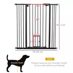 PawHut Extra Tall Pet Gate, Indoor Dog Safety Gate, with Cat Flap, Auto Close, 74-101cm Wide - Black - 3
