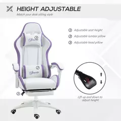 Vinsetto Computer Gaming Chair, PU Leather Office Desk Chair with Footrest, Swivel Wheels, 135° Reclining Back, Lumbar Support, Headrest for Home, White and Purple - 4