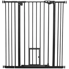 PawHut Extra Tall Pet Gate, Indoor Dog Safety Gate, with Cat Flap, Auto Close, 74-101cm Wide - Black - 1