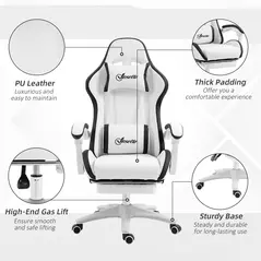 Vinsetto Computer Gaming Chair, PU Leather Office Desk Chair with Footrest, Swivel Wheels, 135° Reclining Back, Lumbar Support, Headrest for Home, White and Black - 7