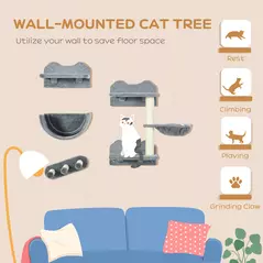 PawHut 4PCs Wall-Mounted Cat Shelves w/ Scratching Post, Hammock, Nest - Grey - 4
