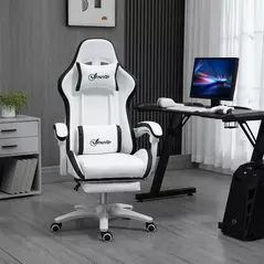 Vinsetto Computer Gaming Chair, PU Leather Office Desk Chair with Footrest, Swivel Wheels, 135° Reclining Back, Lumbar Support, Headrest for Home, White and Black - 2