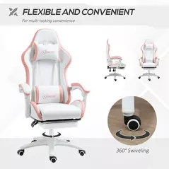 Vinsetto Computer Gaming Chair, PU Leather Office Desk Chair with Footrest, Swivel Wheels, 135° Reclining Back, Lumbar Support, Headrest for Home, White and Pink - 6