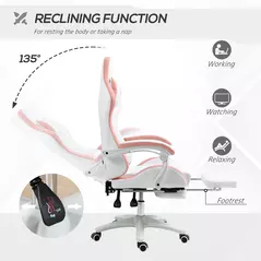 Vinsetto Computer Gaming Chair, PU Leather Office Desk Chair with Footrest, Swivel Wheels, 135° Reclining Back, Lumbar Support, Headrest for Home, White and Pink - 5