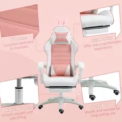 Vinsetto Racing Gaming Chair, Reclining PU Leather Computer Chair with Removable Rabbit Ears, Footrest, Headrest and Lumber Support, Pink - 8