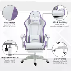 Vinsetto Computer Gaming Chair, PU Leather Office Desk Chair with Footrest, Swivel Wheels, 135° Reclining Back, Lumbar Support, Headrest for Home, White and Purple - 7