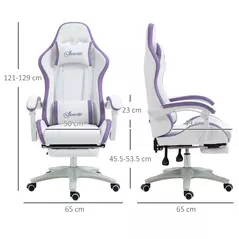 Vinsetto Computer Gaming Chair, PU Leather Office Desk Chair with Footrest, Swivel Wheels, 135° Reclining Back, Lumbar Support, Headrest for Home, White and Purple - 3
